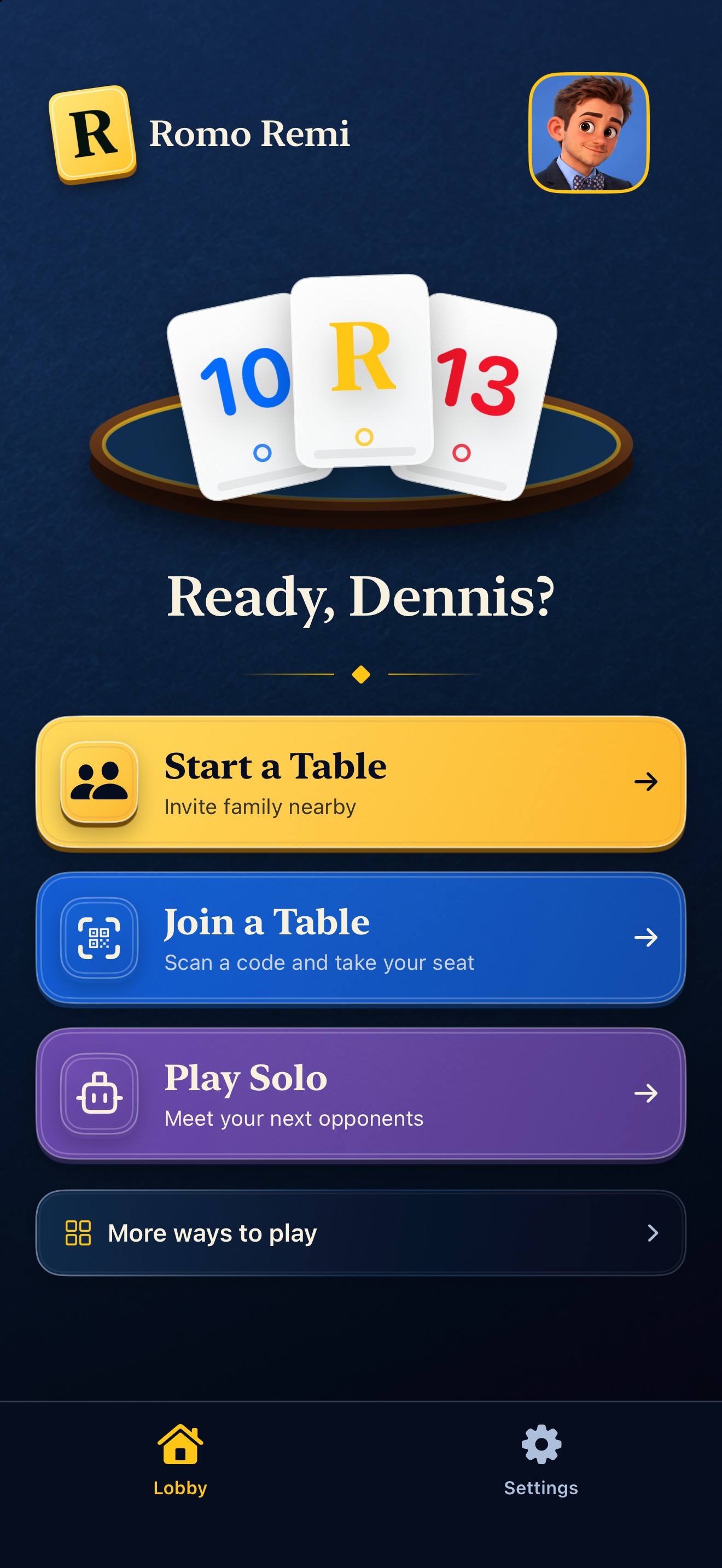 Romo Remi lobby with Start a Table, Join a Table and Play Solo