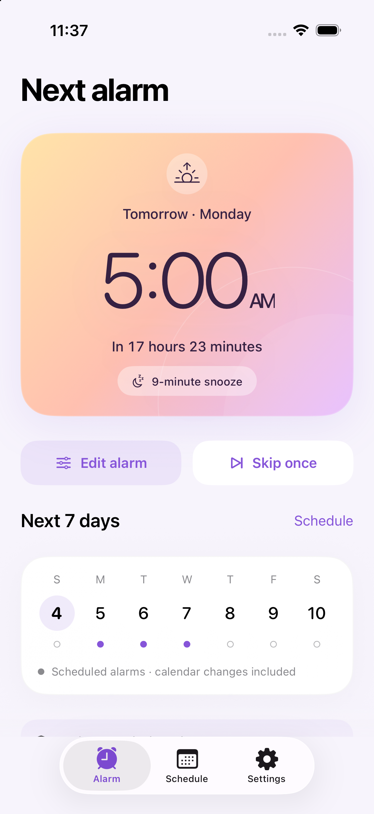 Wake Up alarm screen showing an upcoming morning alarm and a weekly schedule